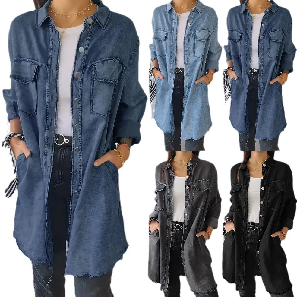 Women Denim Coat Turn Down Collar Slim Mid Blue Jeans Length Shirt Coats Elegant Splice Single Breasted Long Sleeve Jackets 2024