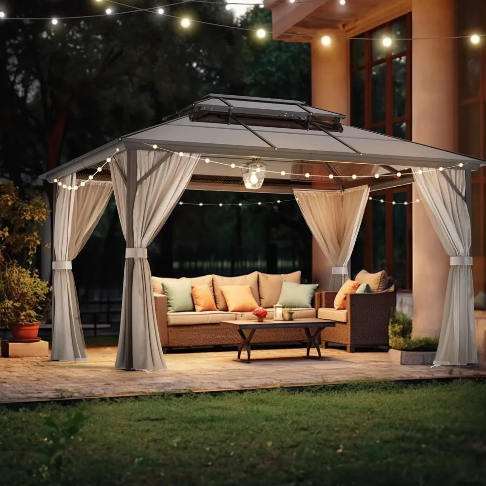 10’ x 13’ Hardtop Gazebo, Aluminum Frame Outdoor Gazebo with Polycarbonate Double Roof Canopy Permanent Pavilion with Curtains