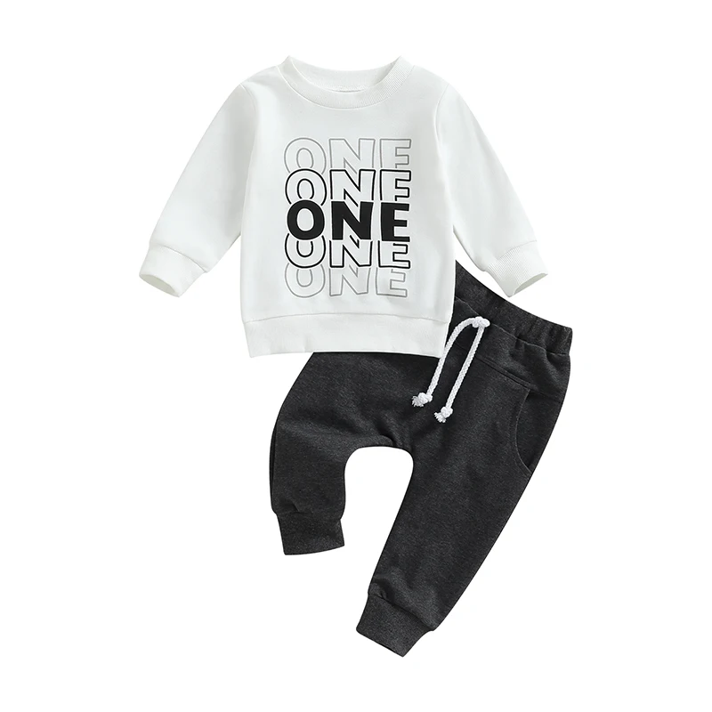 

Infant Baby Boy Fall Round Neck Long Sleeve First Birthday Letter Print Elastic Outfit Clothes Sweatshirt Pullover Pants