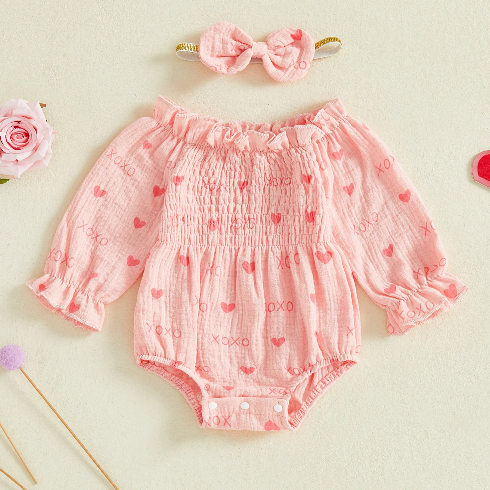 

Комбинезон Tregren для новорожденных девочек 0-18 месяцев на День Святого Валентина, комбинезон с длинными рукавами и принтом сердца и подходящей повязкой на голову