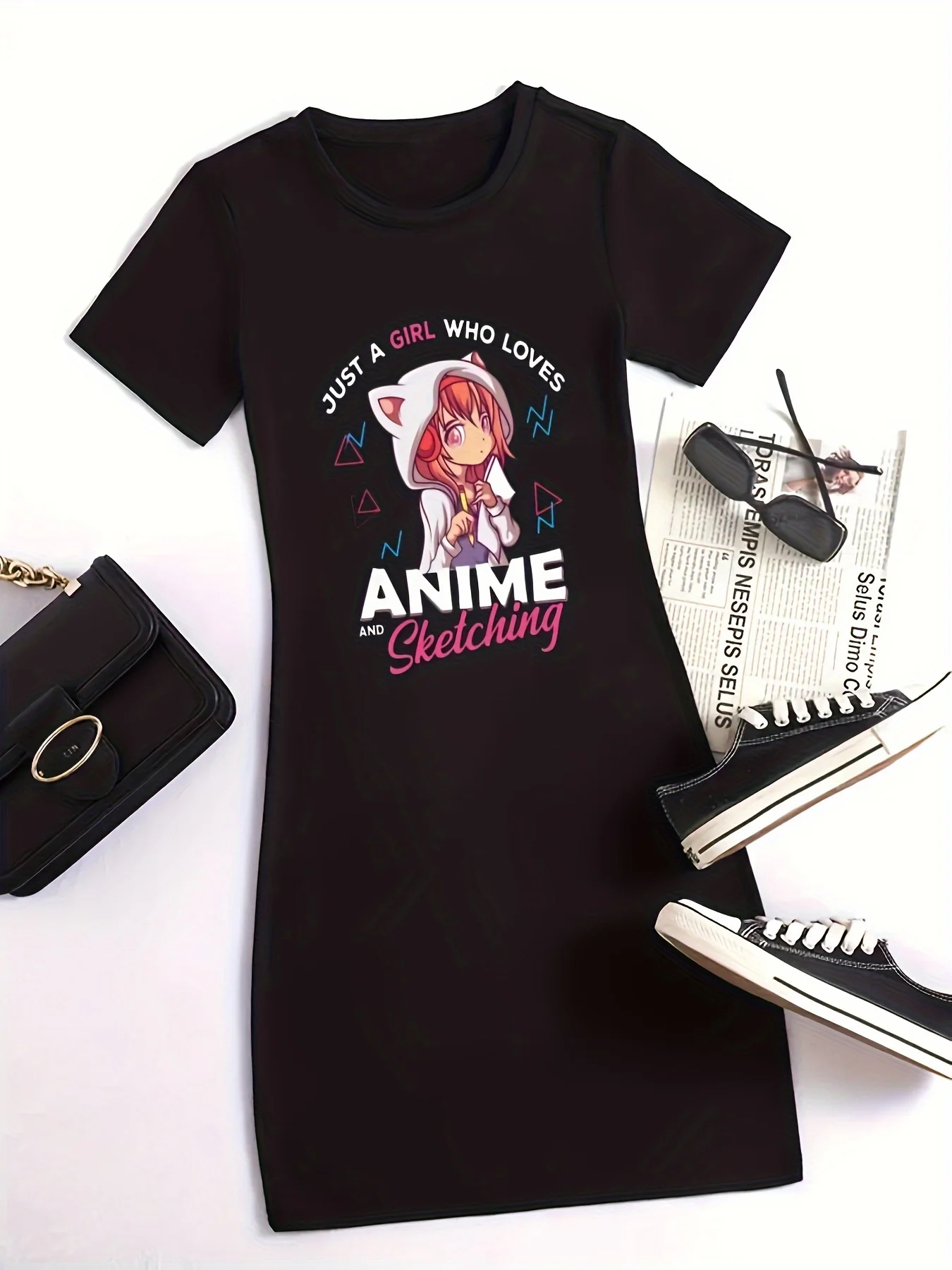 

Женское облегающее платье больших размеров с графическим принтом в стиле аниме, черное повседневное платье с короткими рукавами и круглым вырезом, всесезонная удобная одежда