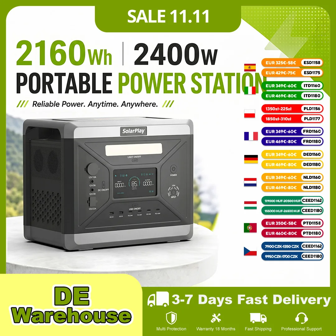 Station d'alimentation portable Solarplay 2160Wh, batterie LiFePO4, générateur solaire 2400W (surcharge 4800W) pour sauvegarde domestique, camping et fêtes en plein air