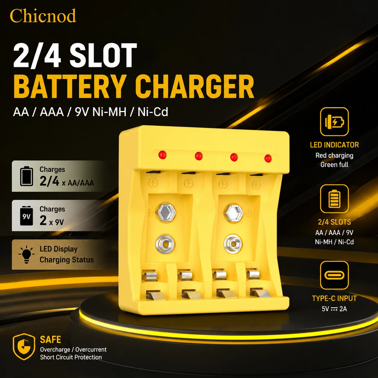 Chicnod N420 AA AAA 9V Battery Charger Ni-MH Ni-Cd Smart Charger USB Type-C LED Indicator for Rechargeable Batteries