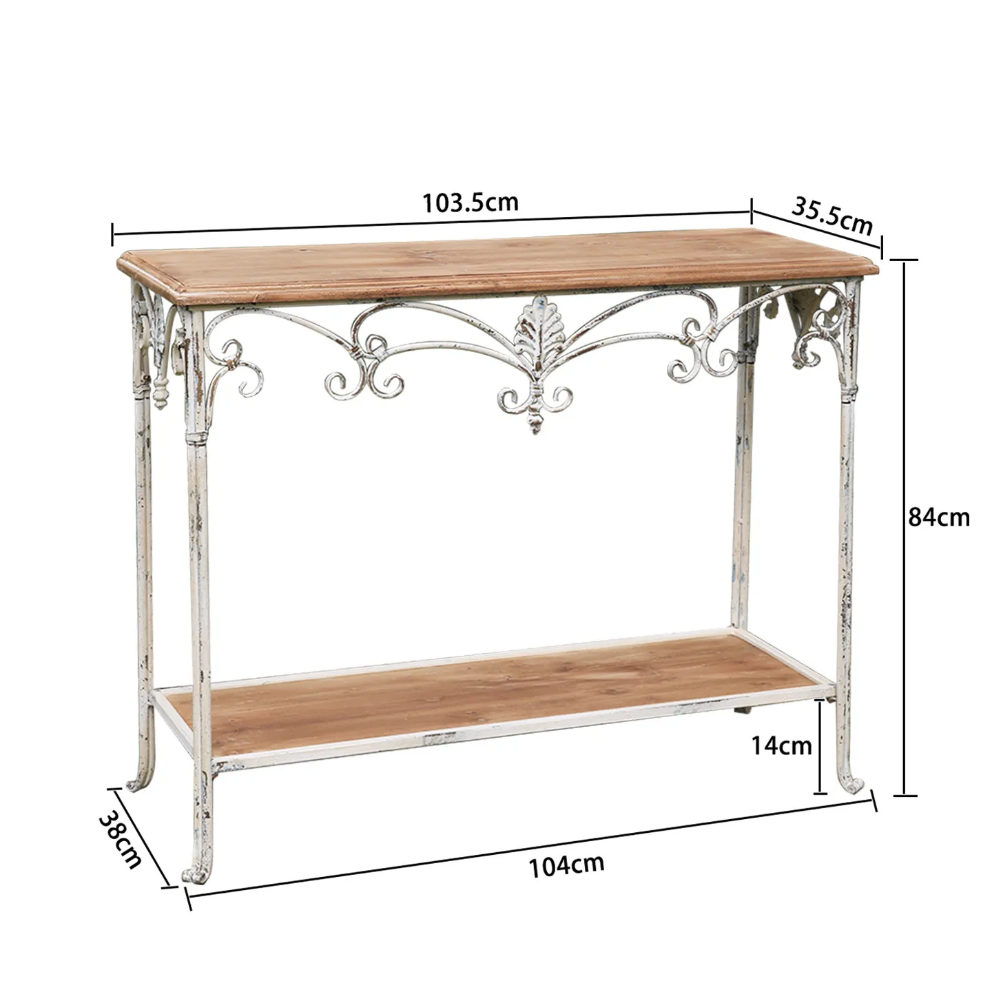 French Country Console Table with Wood Top, Distressed White Iron Entryway Table, Vintage Garden Display Shelf