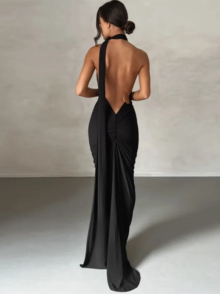 New Spring Sloping Shoulder Slim Backless Sexy Dress Women's Fashion Pleated Hollow Strap Simple Solid Color Casual Long Skirt