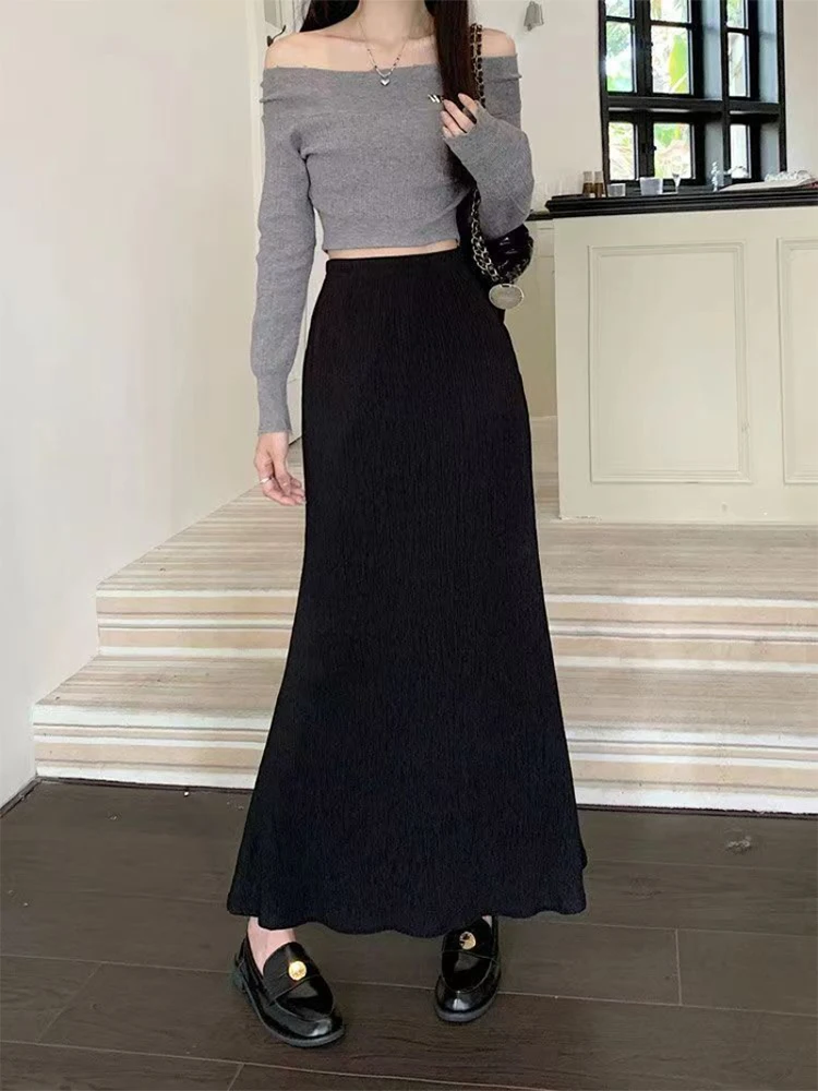 Fall Bodycon Skirt Solid Long Skirt Women Korean Slim Fit Skirt High Waist Elegant Simple Lady Skirts