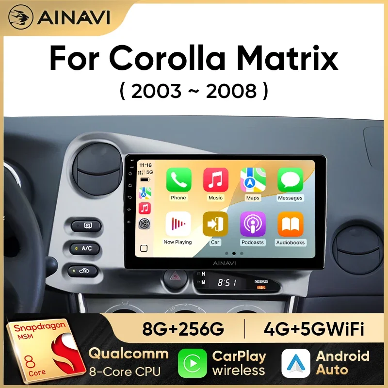 Ainavi Android Auto para Toyota Matrix E130 2003-2008, Radio para coche, reproductor Multimedia, estéreo, vídeo, navegación Carplay, GPS, sin DVD 2Din