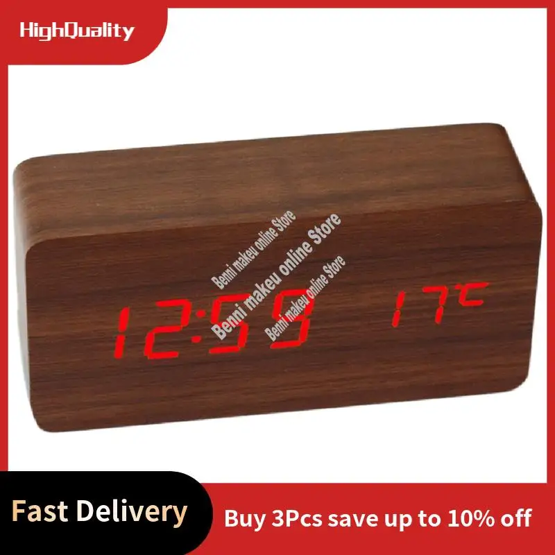 

Деревянные квадратные настольные часы, светодиодный цифровой дисплей, будильник, часы с дисплеем температуры для украшения спальни, часы-ABVP