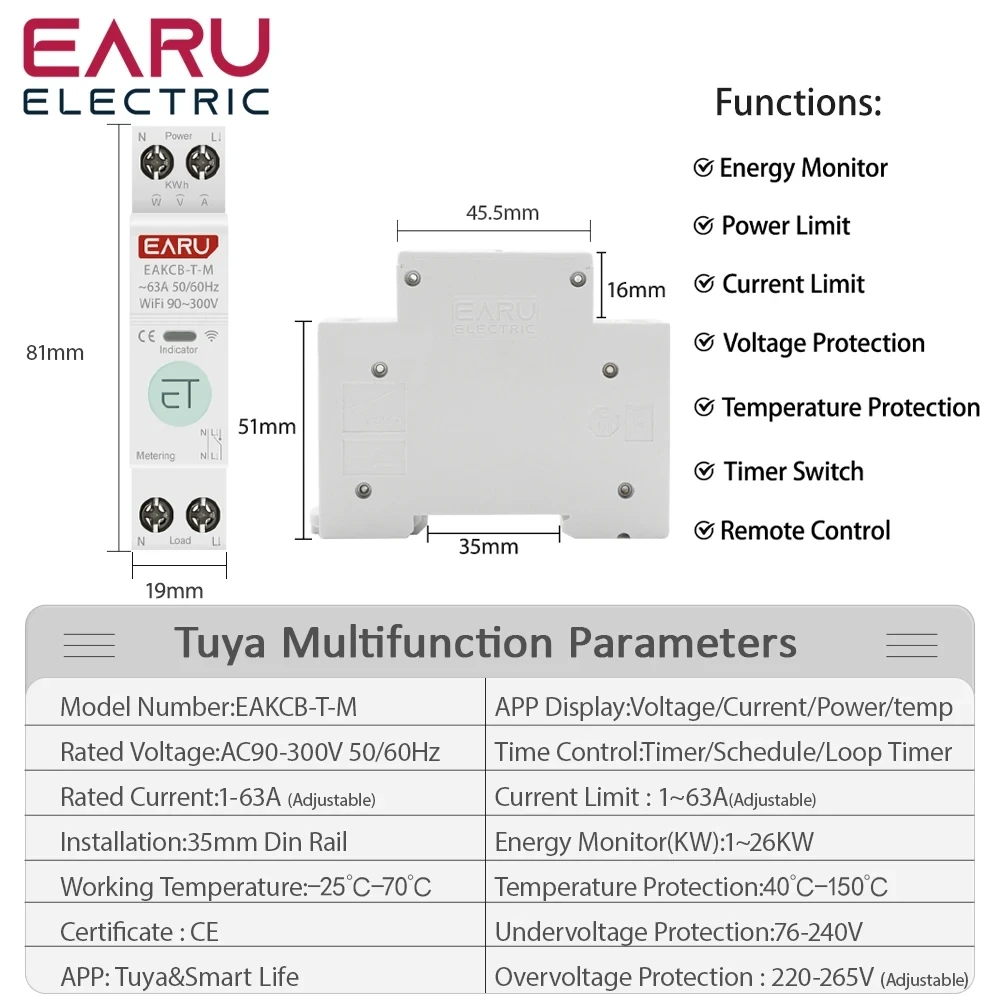 Imagem -02 - Zigbee Tuya Wifi Inteligente Disjuntor sobre Corrente sob Tensão Proteção Medição de Potência 163a Interruptor de Controle Remoto sem Fio