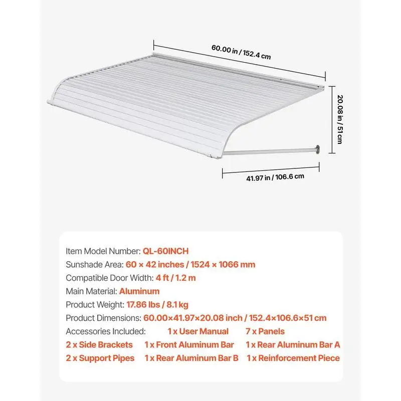 Window awning 152.4x106.6x51 cm, door canopy, lightweight & sturdy aluminum awnings for outdoor use, protection from rain, snow & sunlight for doors, entrances, windows, patios, verandas view 2