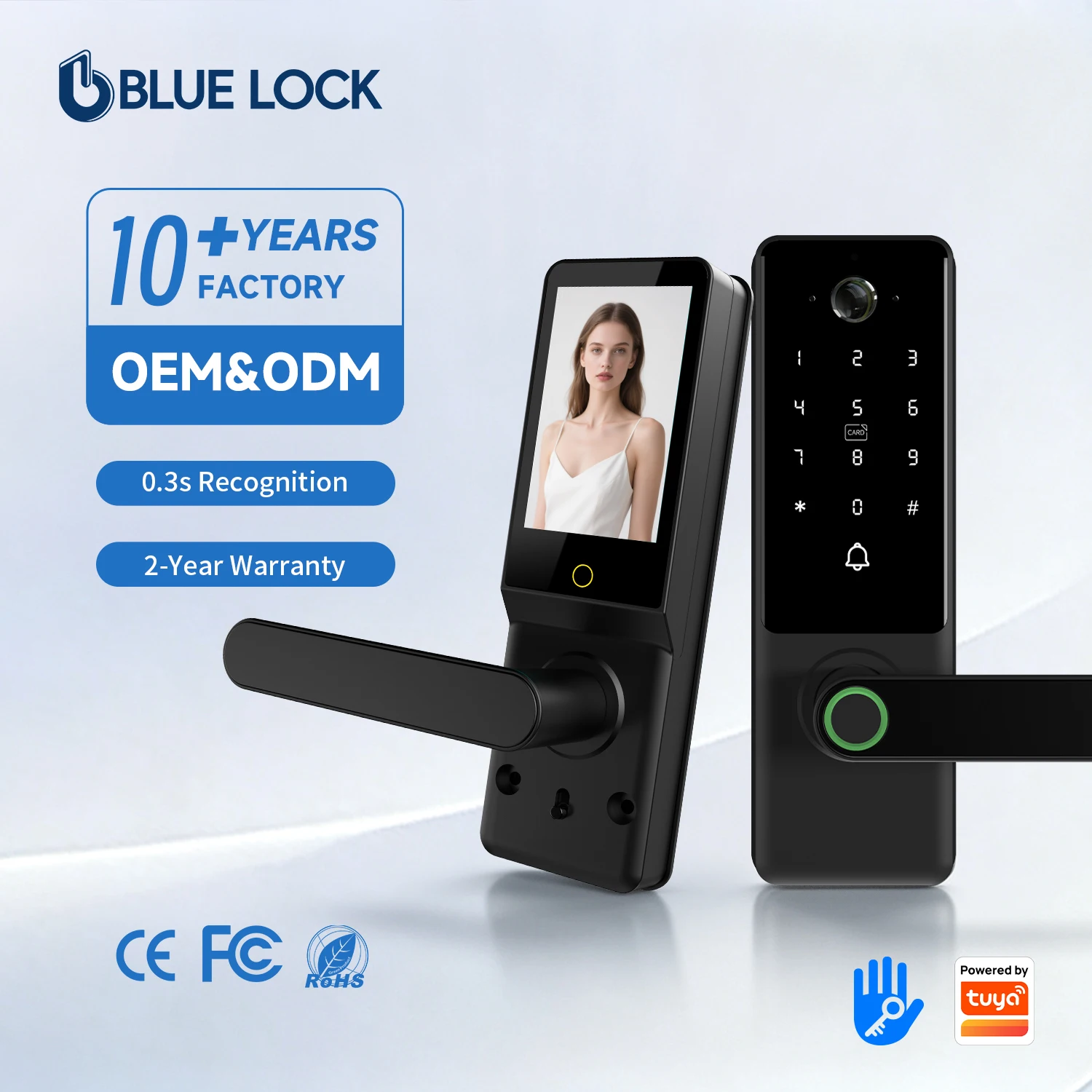 Bluelock Waterproof Electronic Handle Tuya Wifi Face Fingerprint Card Passcode Unlock Security Door Digital Lock With Camera