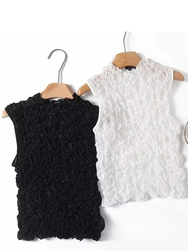 

KONDALA сексуальные клубные шикарные женские топы с однотонными пузырьками, короткий жилет без рукавов с высоким воротником, новая мода, топы для летних каникул 2025 г.