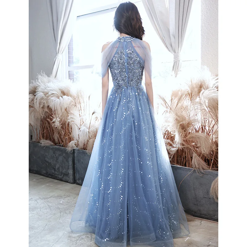 Blue Halter Cocktail Dress Women Beaded Hollow Sequins Prom Gown Elegant Classic Tulle Sleeveless A-line Evening Dresses