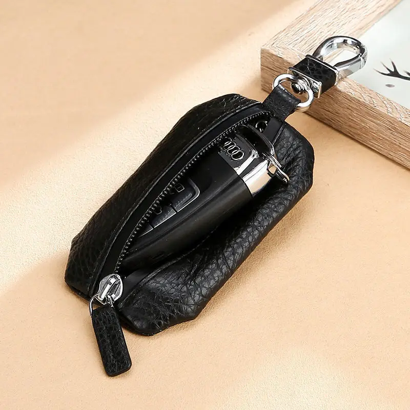 New cowhide universal key bag men's car key cover lychee grain waterproof zipper car key wallet