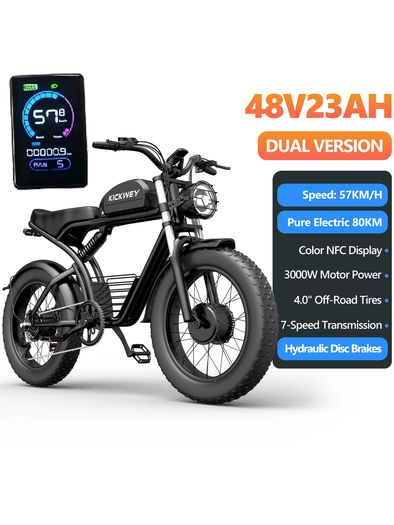 KICKWEY K7 3000W Dual Motor Electric Bike, 48V 23AH Long Range Full-Suspension Off-Road E-Bike, 7-Speed 20x4.0 Fat Tire All-Terrain Electric Bicycle for Mountain, Sand, Snow & Road image 2