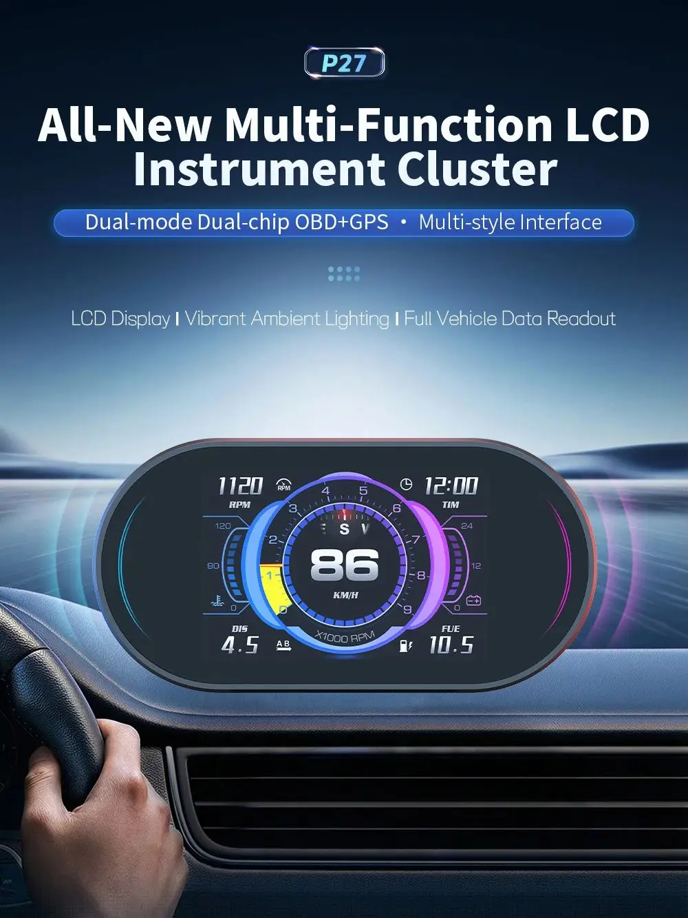 On-Board-Computer Auto OBD HUD P27 Tachometer Strecken-Display Wasser- & Öltemperatur Kraftstoffverbrauch Auto-Elektronik-Zubehör GPS-Geschwindigkeit