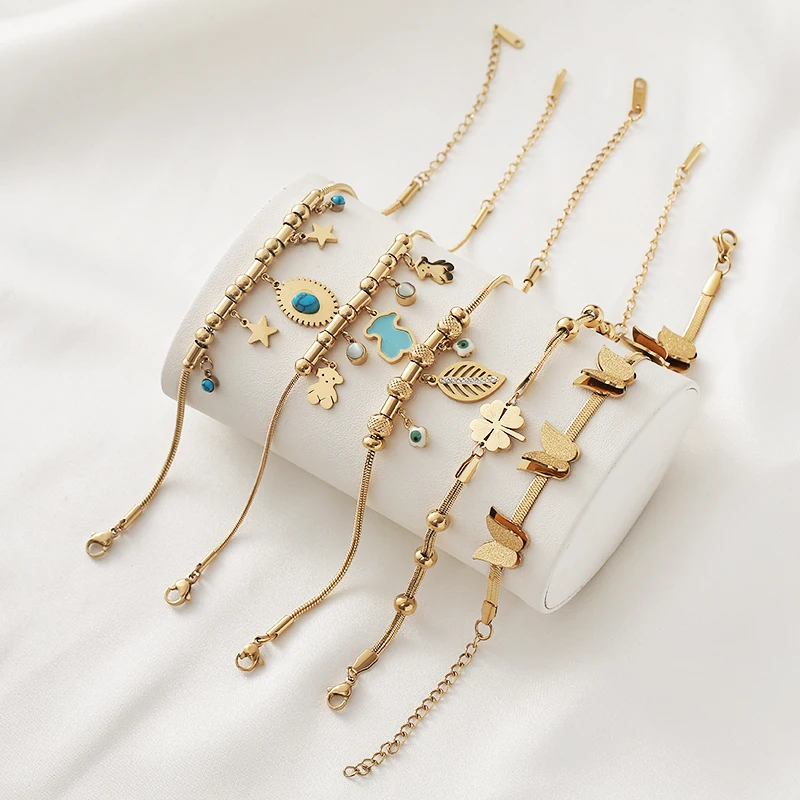 

Stainless Steel butterfly Little Bear Turquoise Pendant Bracelet For Women Clover Charm Bangles Gothic Party Luxury Jewelry Gift