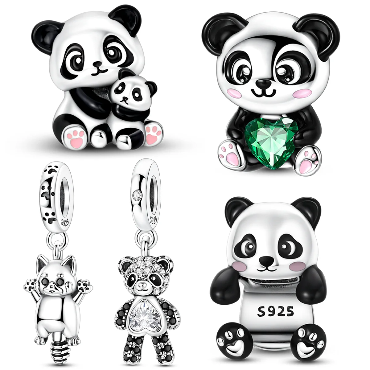 Lovely Panda Charms Bead 925 Sterling Silver CZ Zircon Red Panda Pendant Fit Original Bracelet DIY Jewelry Gift