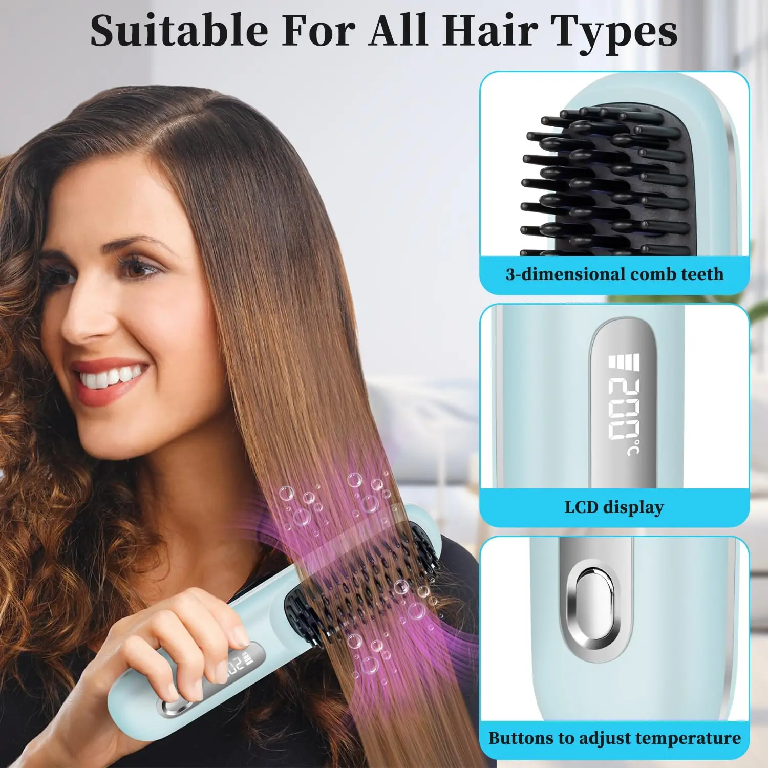 Portable Hair Straightener Brush Cordless USB Charging Straightening Comb LED Display & Ceramic Coating, Ionic Technology