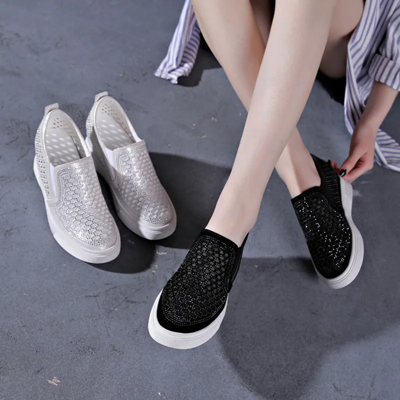 XMWRLW النساء الربيع الصيف المتسكعون موضة حجر الراين أحذية للنساء تنفس شبكة المتسكعون كعب مخفي السيدات الصيف متعطل