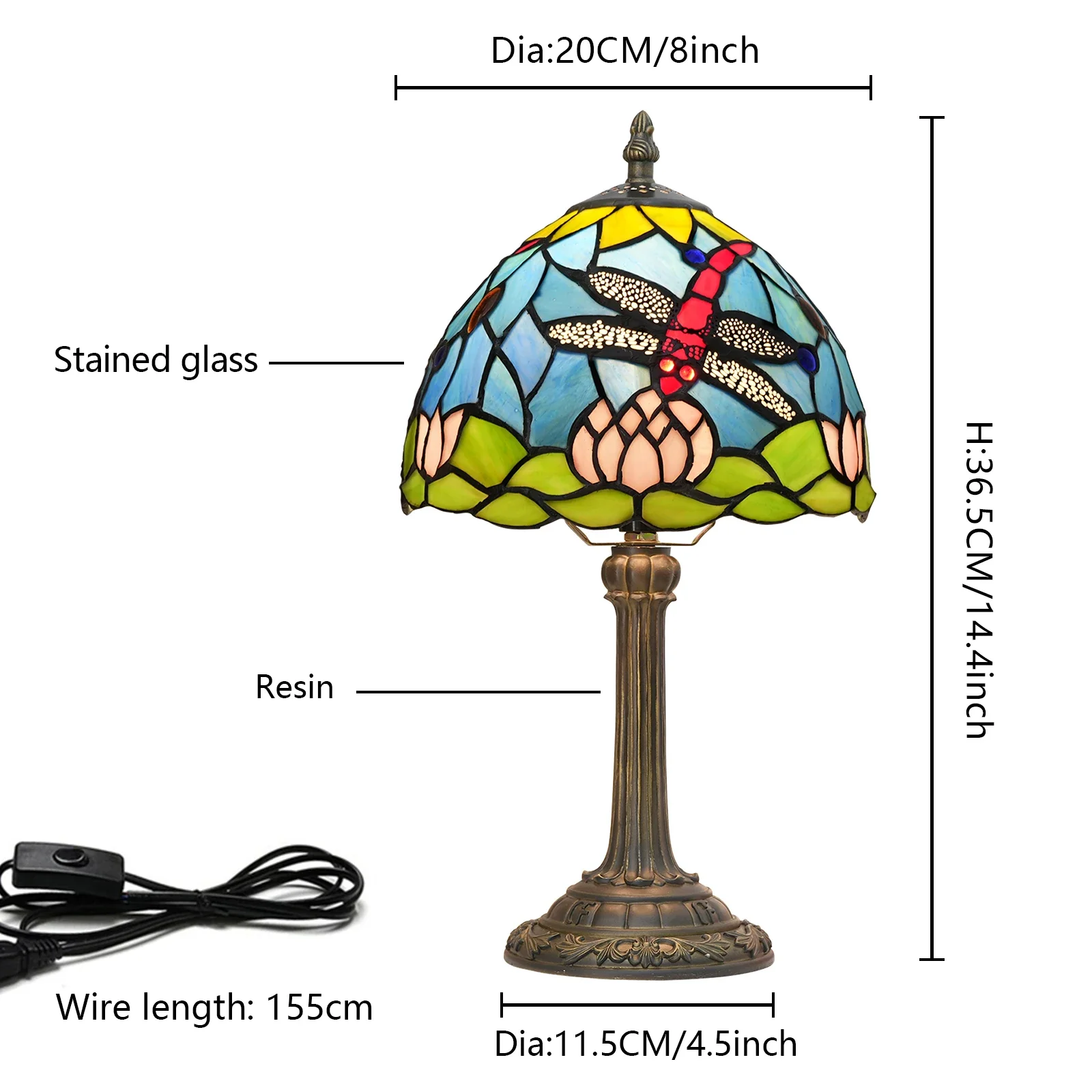 8 Inch Tiffany Style Stained Glass Bedside Lamp, Antique Vintage Dragonfly Lotus Table Lamp For Living Room Bedroom Home Office