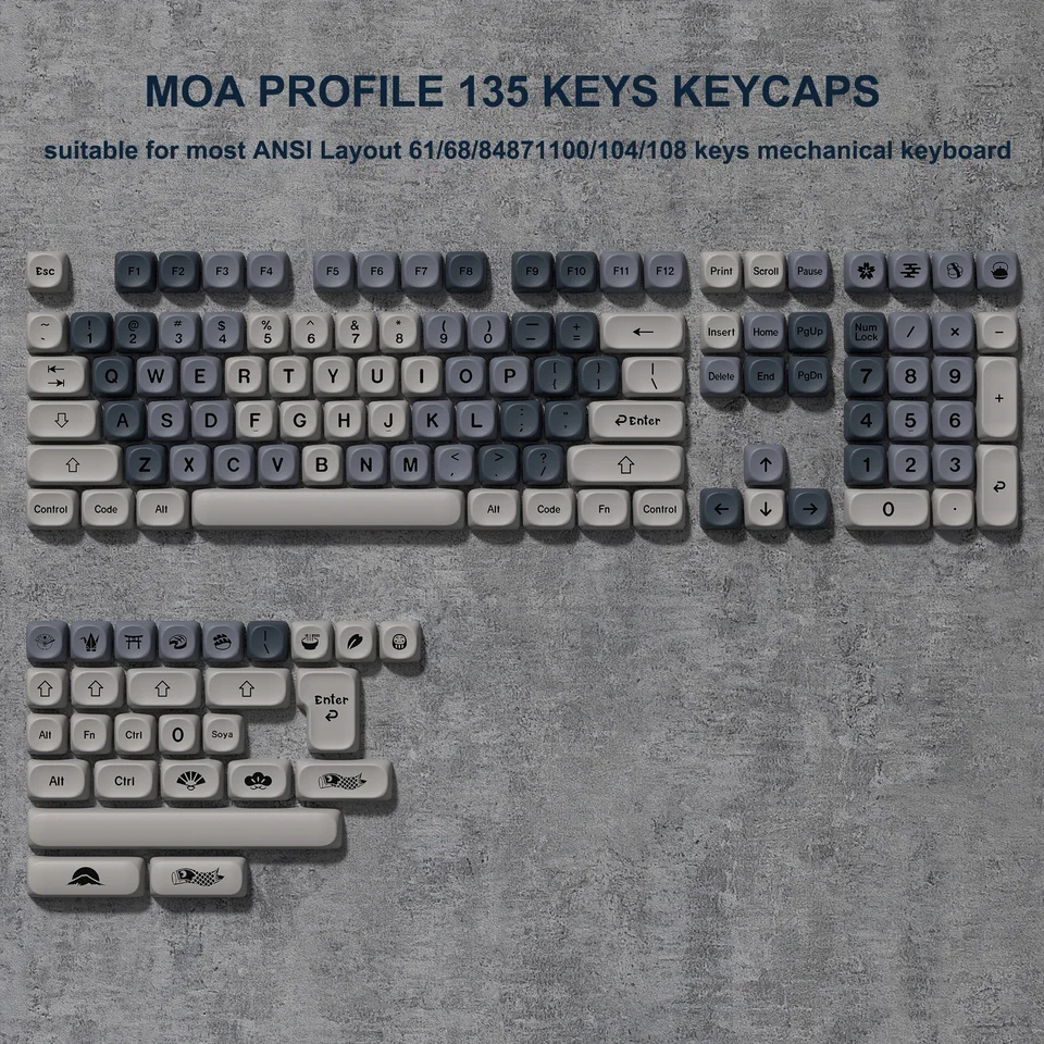 134 Keys Gradient Gray MOA Profile PBT Keycaps Dye Sub Key Caps