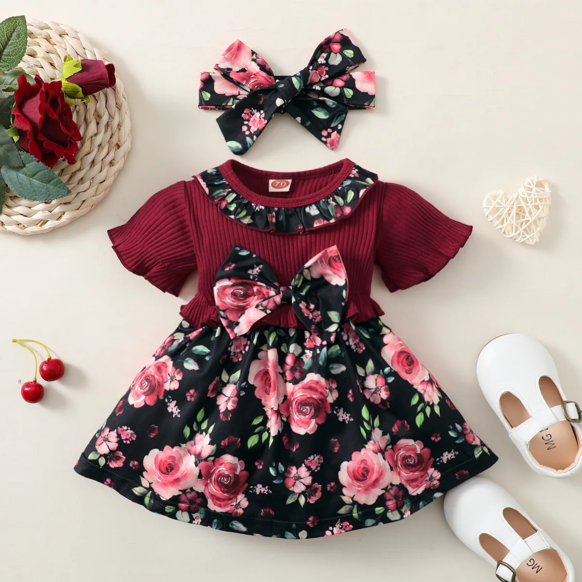 Baby girl red short-sleeved with flowers printed cute dress