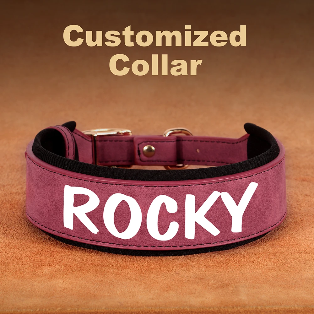 Collar de perro de cuero PU personalizado, collares de identificación de mascotas acolchados anchos, collares con nombre de perros con estampado