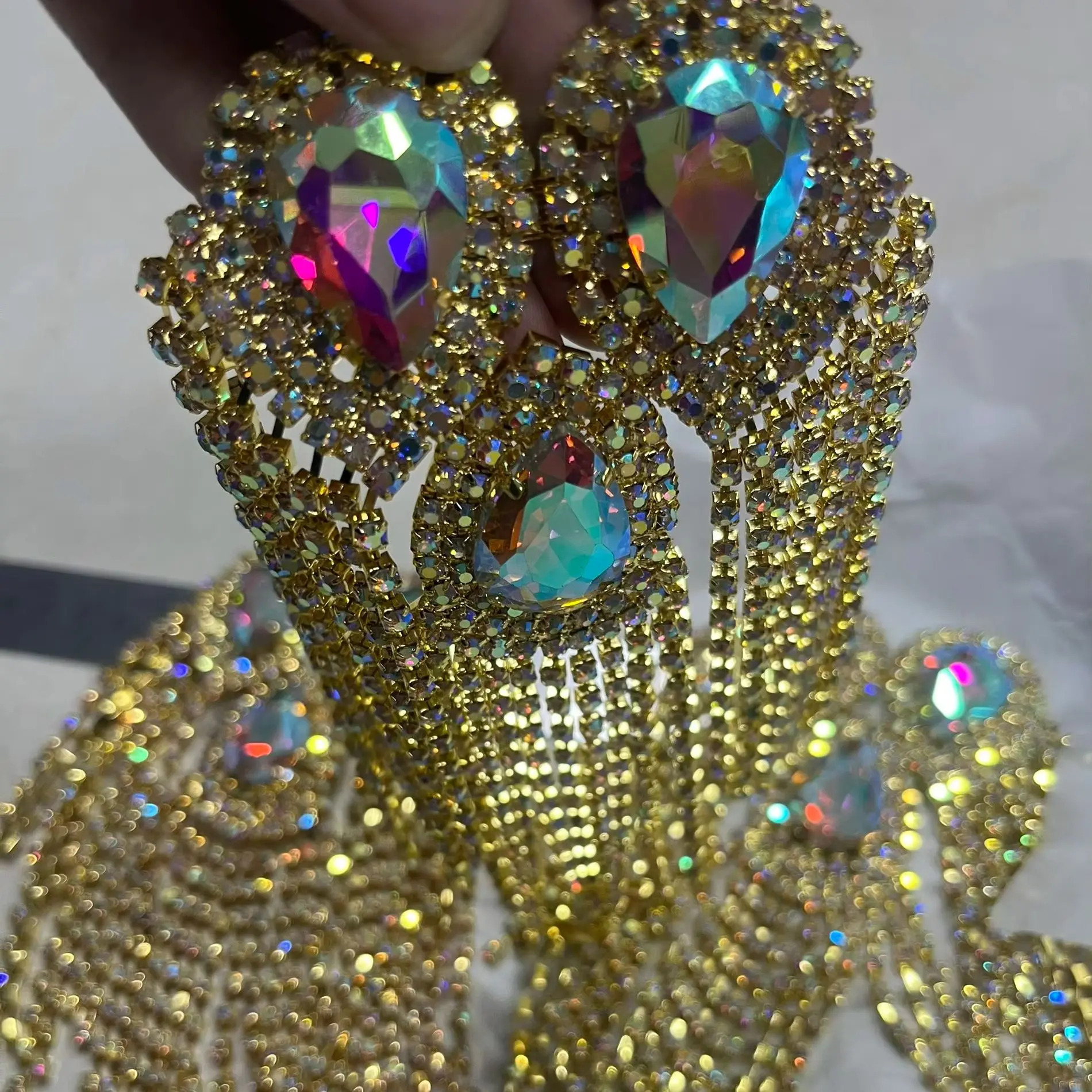 tassel Sewing On Rhinestone shoulder Applique Gold AB Crystal patches trim brass strap flash For DIY Dresses garment