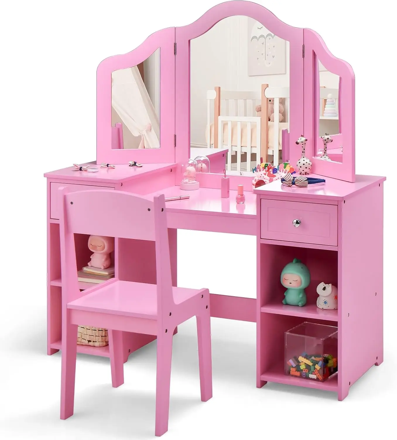 

Princess Makeup Desk & Chair Set with Mirror, Storage Drawers for Toddler Girls Pretend Play
