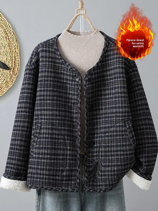 เสื้อโค้ทขนสัตว์ลายตารางหมากรุก ทรงยาว ไซส์ใหญ่ สำหรับผู้หญิง แขนยาว ผ้าฝ้าย สำหรับฤดูใบไม้ร่วงและฤดูหนาว