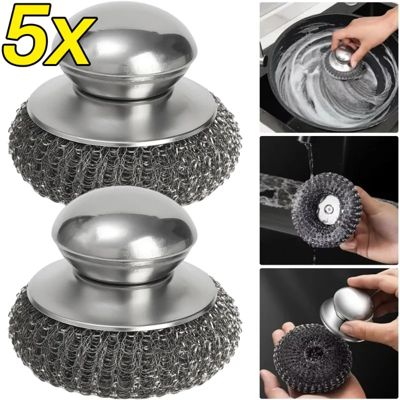 5/1Pcs Kitchen Stainless Steel Pot Brush with Handles Dishwashing Wire Ball Heavy Duty Metal Scrubber Home Pot Pan Cleaning Tool