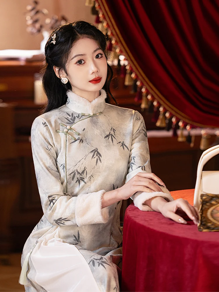 

New Chinese Sle Ao Dai Thiened Fce Autumn Winter Long Qipao Tea Costume Water-Mark Bamboo Le Design Daily ...