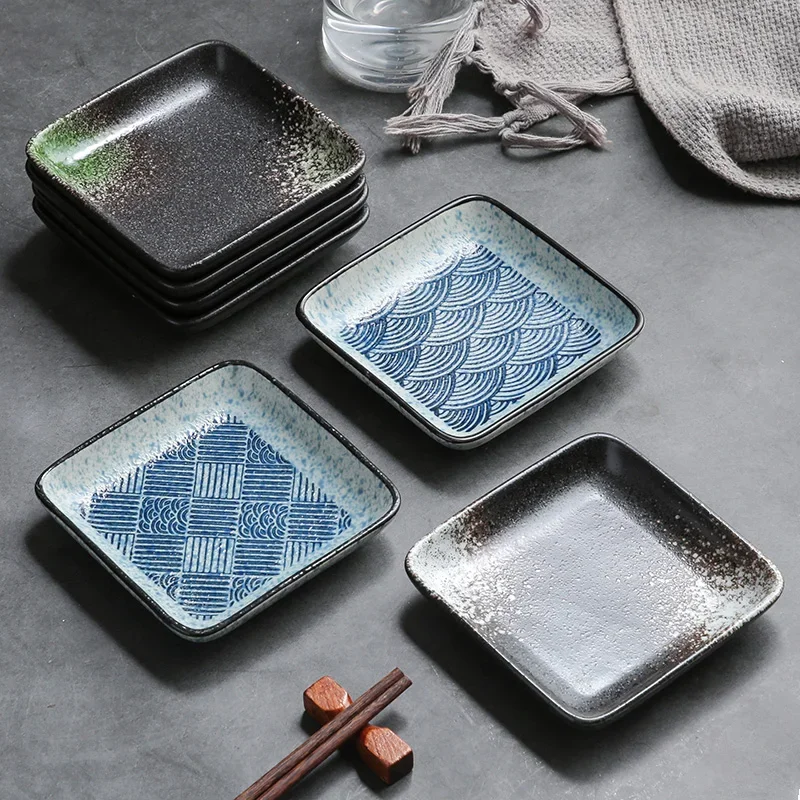 5 Inchs Ceramic Square Disc Japanese Style Cuisine Dining Plate Household Fruit Dish Snack Dipping Sauce Plate Sushi Cutlery