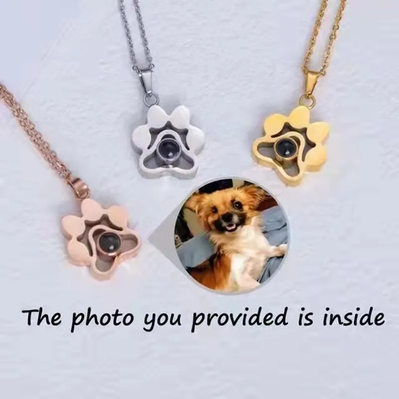 Customization Stainless Steel Thick Mini Cute Paw Charm Projection Custom Memory Photo Engraved Paw Necklace