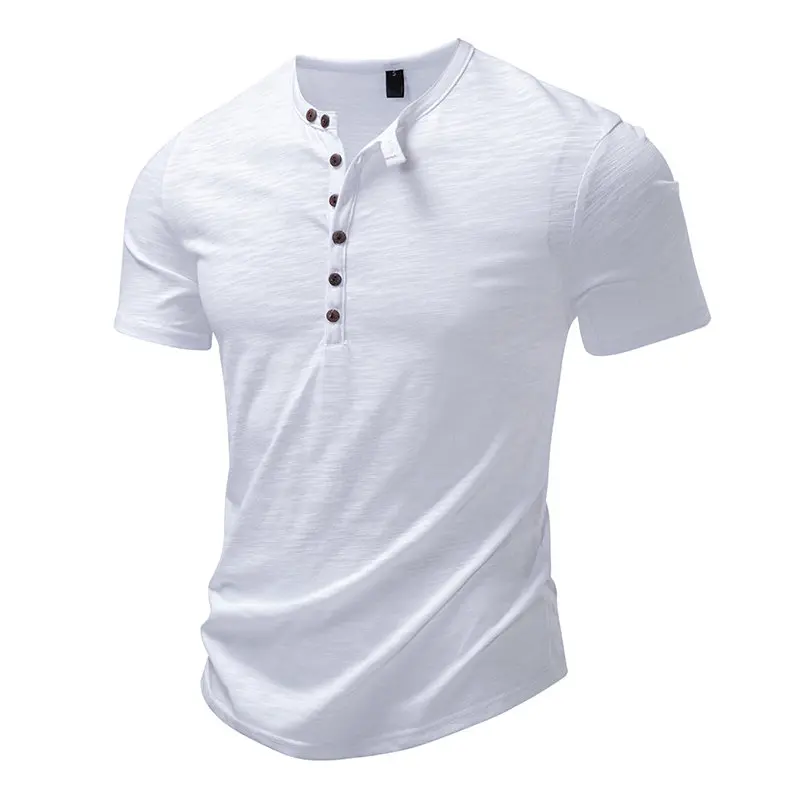 Summer Men's New Design Solid Color T-Shirts Bamboo-Handled Henry Collar Casual Button Short Sleeve Top Tees Hip Hop Streetwears