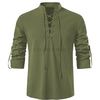 COLDKER Green Khaki Men's Renaissance Shirt Pirate Medieval Top for Men Cotton Linen Shirts Men Long Sleeved Halloween Costume