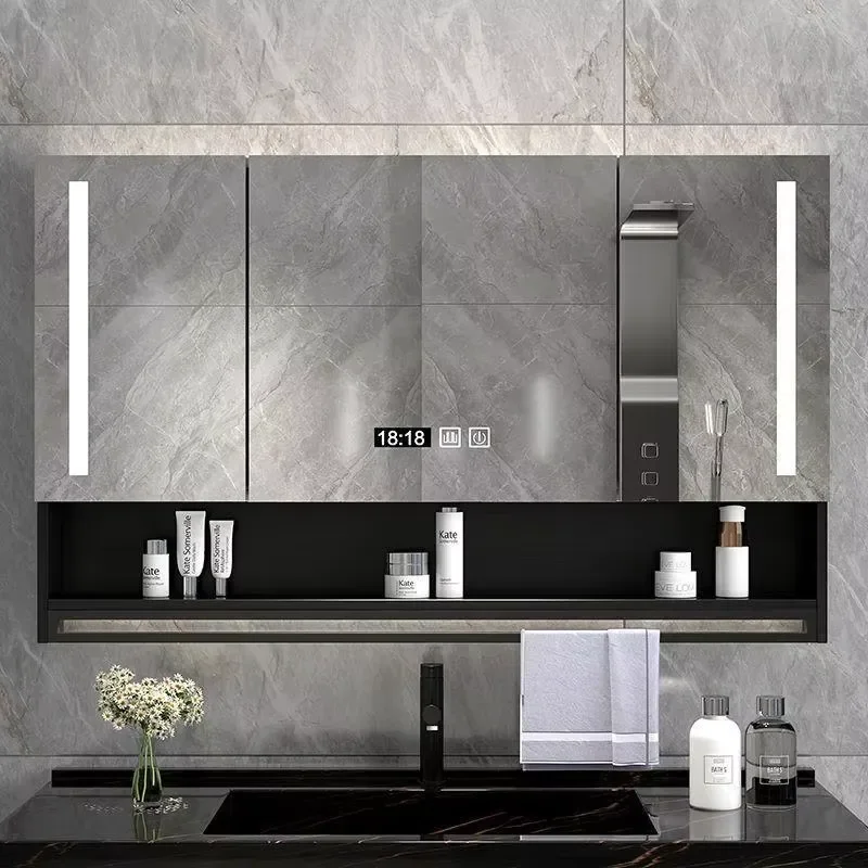 Modern LED Intelligent Water Resistant Mirrored Wall-Hanging Solid Wood Bathroom Cabinet Multi-Layer Separate Toilet Storage