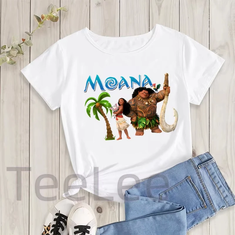

Футболка Disney Moana для женщин, футболки с принтом в стиле Харадзюку, топы с короткими рукавами Y2K, уличная одежда, белые футболки с забавными рисунками из мультфильма