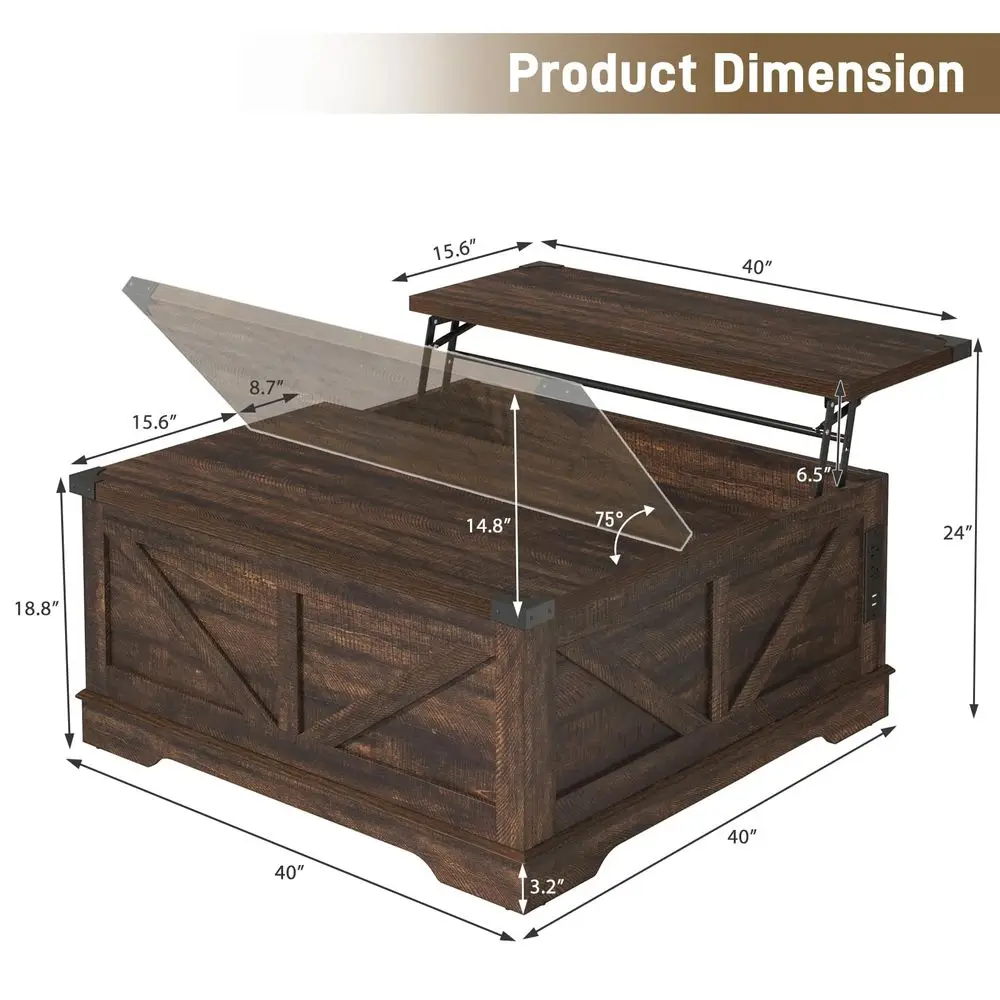 

Большой журнальный столик в стиле фермерского дома с подъемной столешницей, розетками и большим скрытым хранилищем, квадратный деревянный стол для гостиной, многофункциональный