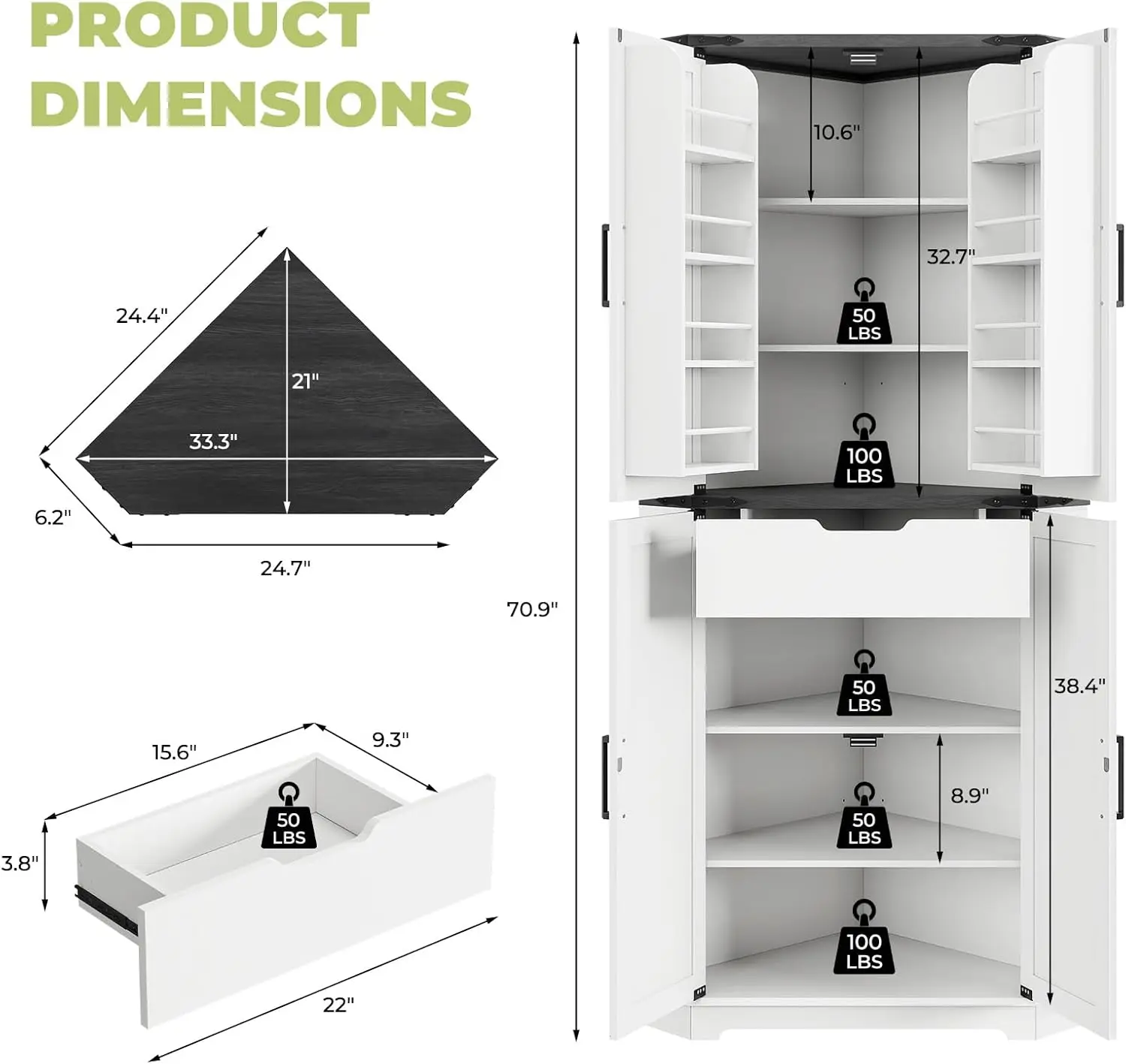 White Corner Cabinet for Living Room and Dining Room, with LED Light, Adjustable Shelves and Farmhouse Style