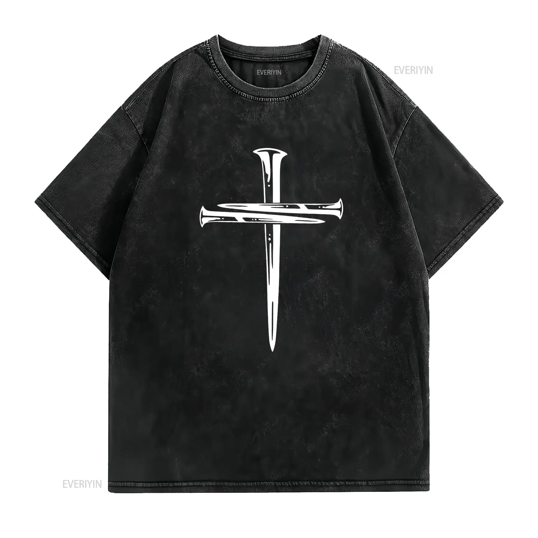 Gothic Nail Cross Line Art Print Casual Streetwear T Shirt vintage Washed homme graphic Comfortable Top For Everyday Wear