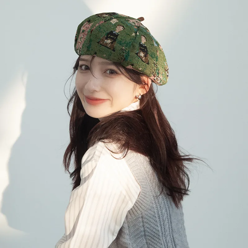 Women's Oil Painting Style Denim Beret Retro Cloud Hat Spring Autumn Versatile Japanese Niche Big Head Circumference Painter Cap