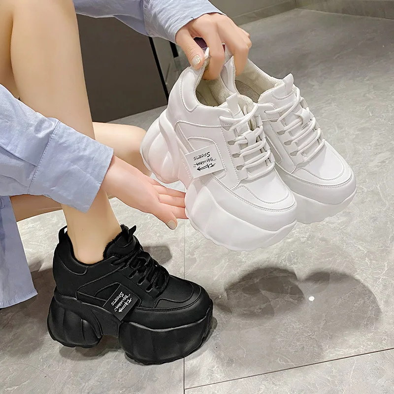 Women Warm Fur Chunky Sneakers 10CM Heels Thick Sole Casual Ladies Plush Vulcanized Shoes High Platform Leather Sneakers Woman