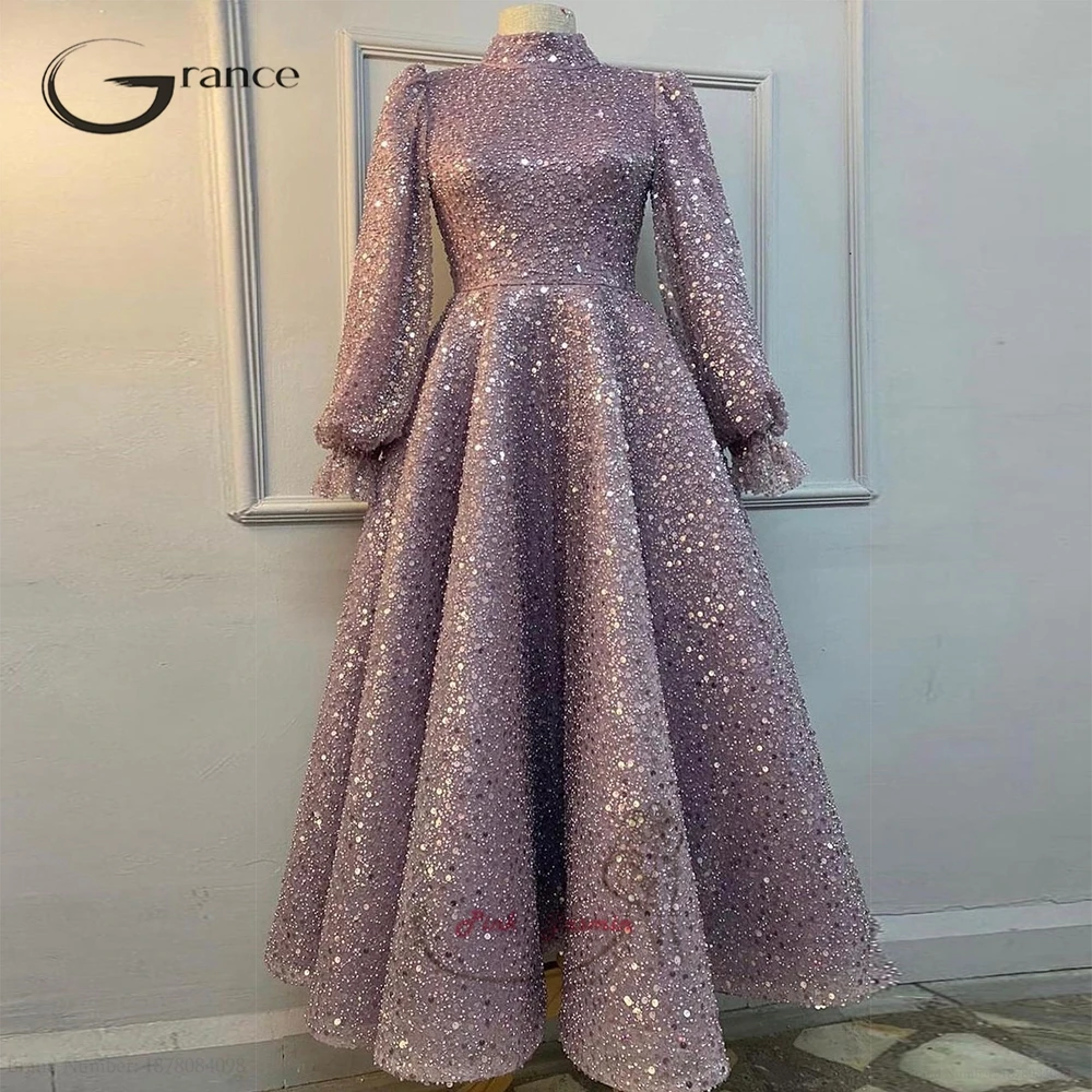 Customized Seuined Dubai Evening Dresses for Party Dance Glitter A Line Prom Gowns Ankle Length Moroccan Caftan Evening Dress