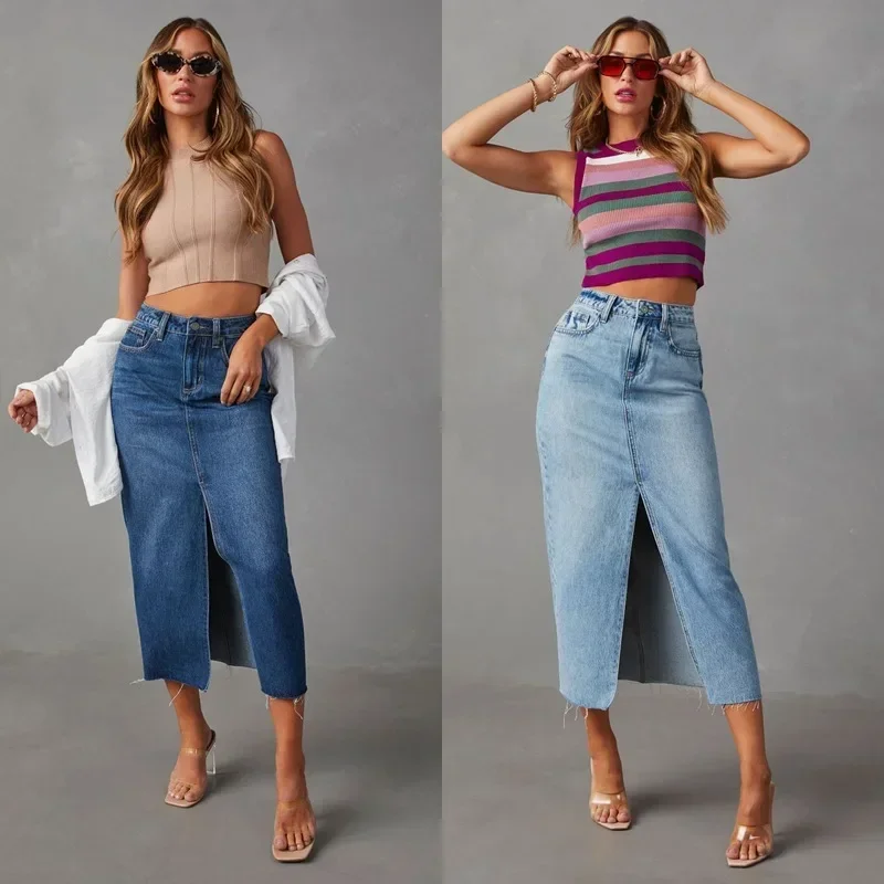 Women Skirts Sexy Solid Washing Denim High Waist solid long skirt Wrap Buttocks Basics Spliced Ankle Length Pockets Zipper Fly