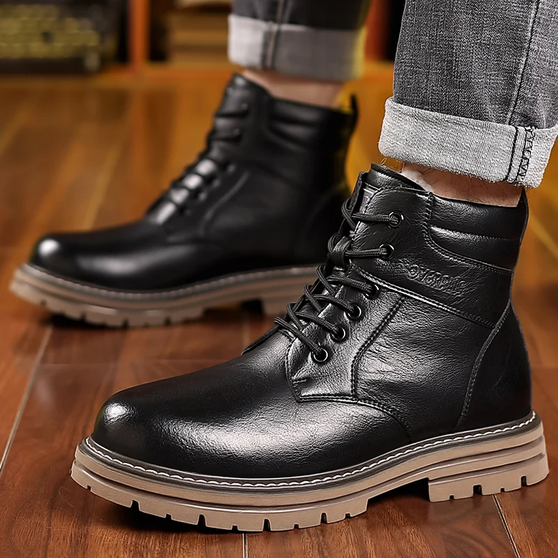 

Men's Winter New Leather High Top Snow Boots Thick Sole Non Slip Waterproof Plush Warm Lace Up Low Heel Work Boots Cotton Boots
