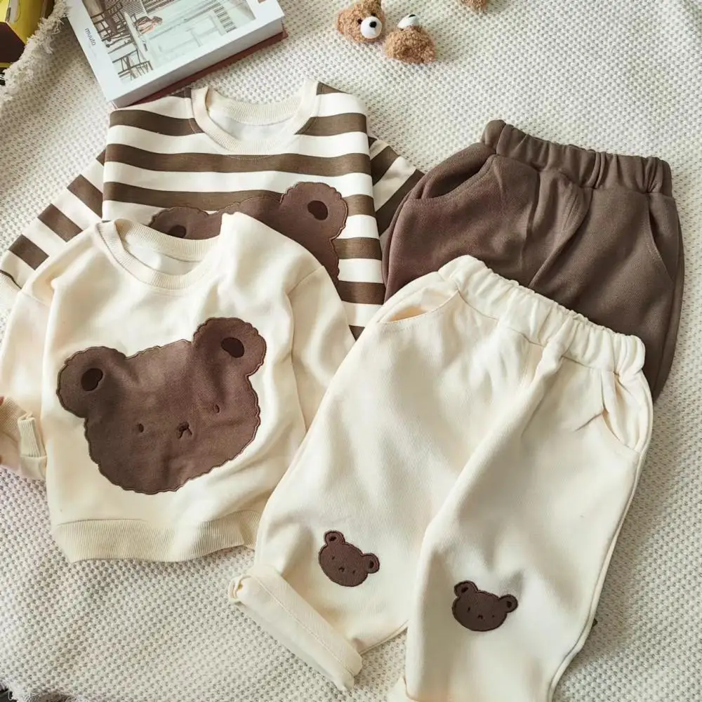 2024 Cute Little Bear Long Sleeve Girl Top Fashion Striped Baby Girl Pullover Same Style Pants with Pocket Children Matching Set