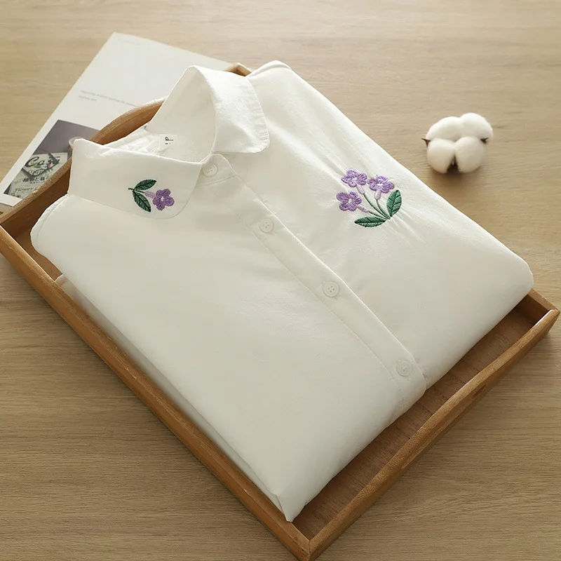 

Высококачественная женская хлопковая бархатная толстая теплая блузка, рубашка в студенческом стиле с цветочной вышивкой и лацканами, теплая флисовая белая рубашка, топ