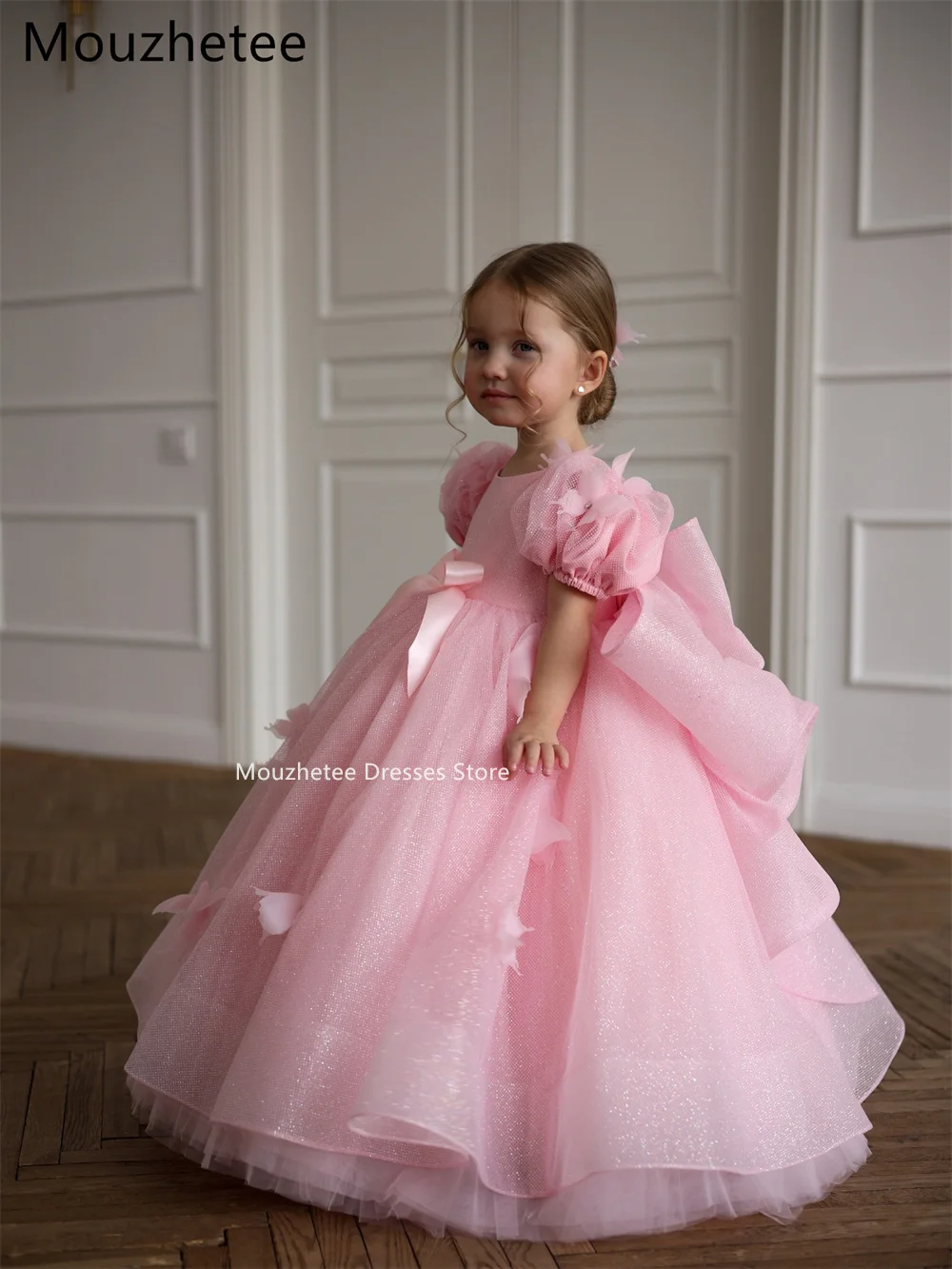 

Mouzhetee A-Line Pink Bow Shiny Princess Flowers Girl Dresses Wedding Party Dress for Kids Flowers Girls Prom Gowns Custom Made